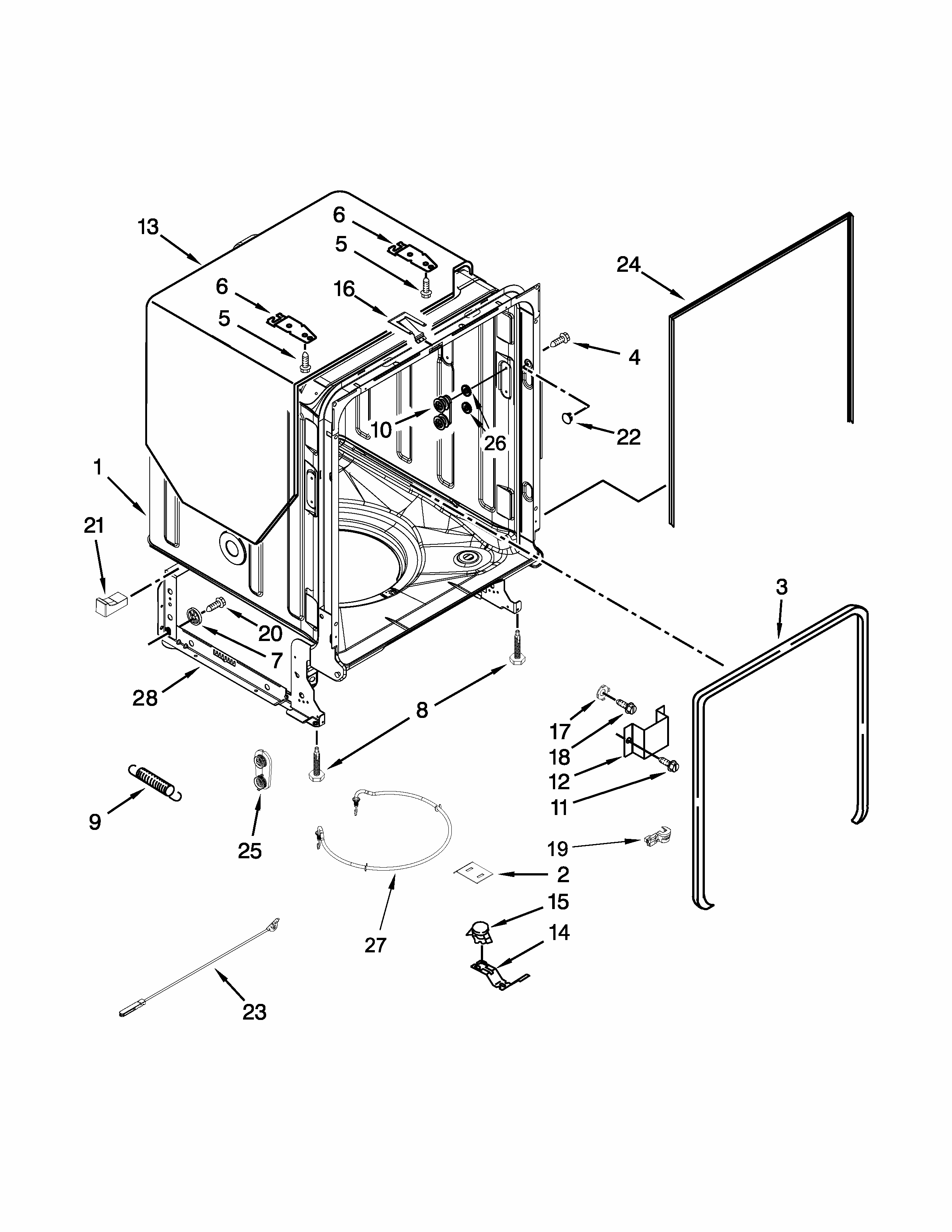 Tub And Frame Parts Diagram and Parts List for 66513229N411  Kenmore Dishwasher