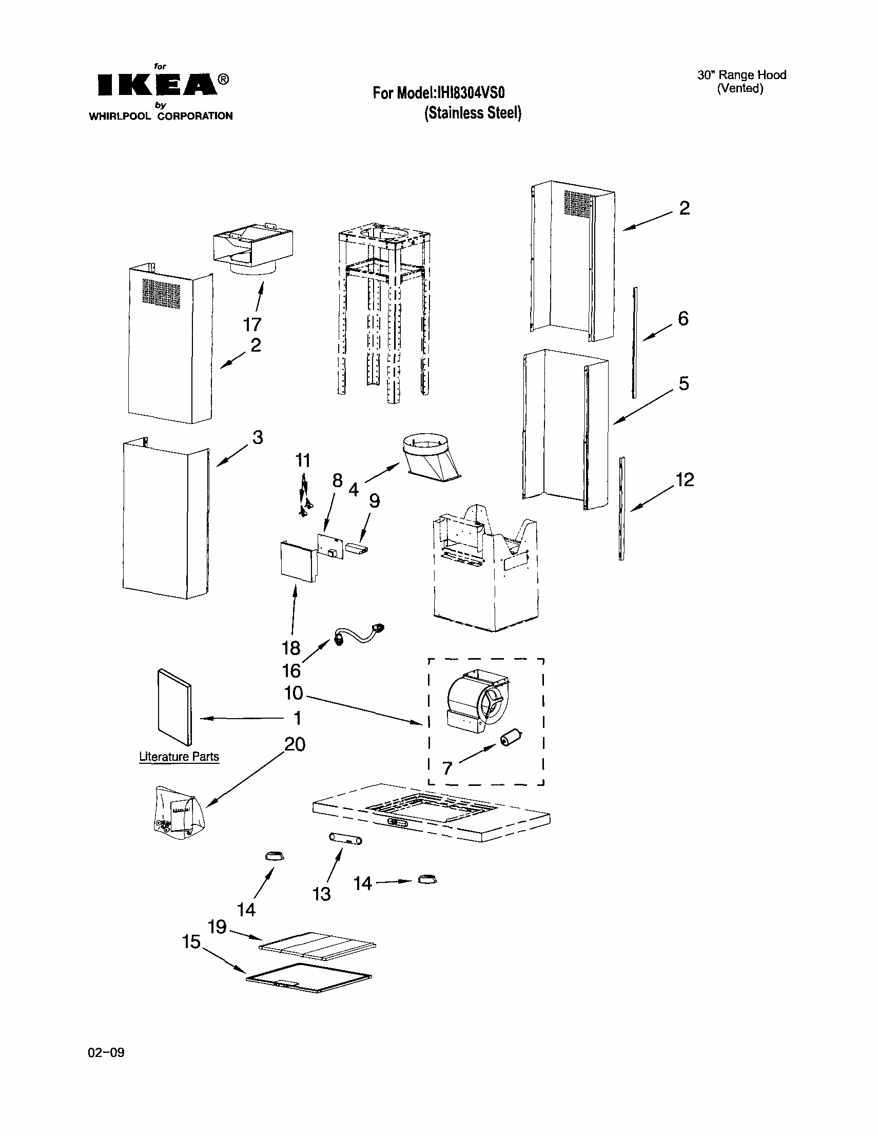 Range Hood Diagram and Parts List for IHI8304VS0  Whirlpool Range Hood