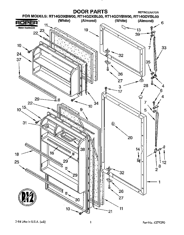 DOOR Diagram and Parts List for RT14GDYBW00  Roper Refrigerator