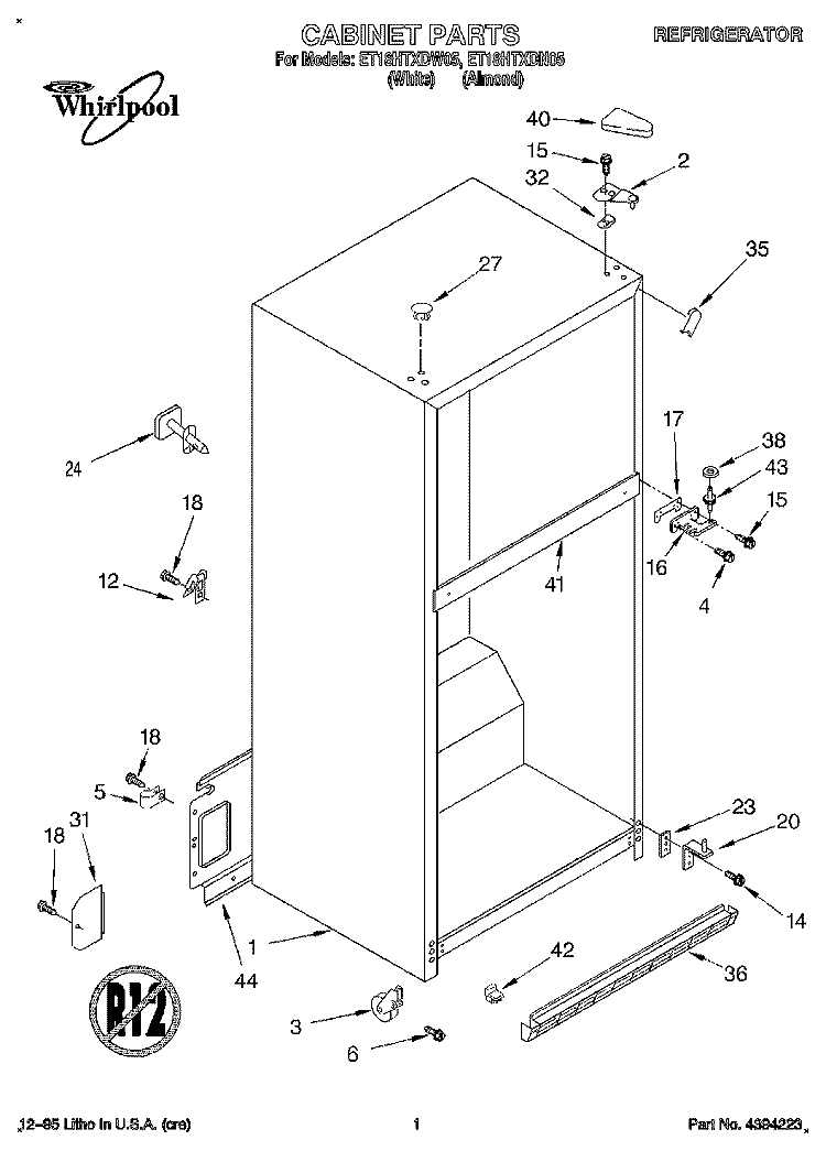 CABINET Diagram and Parts List for ET18HTXDN05  Whirlpool Refrigerator