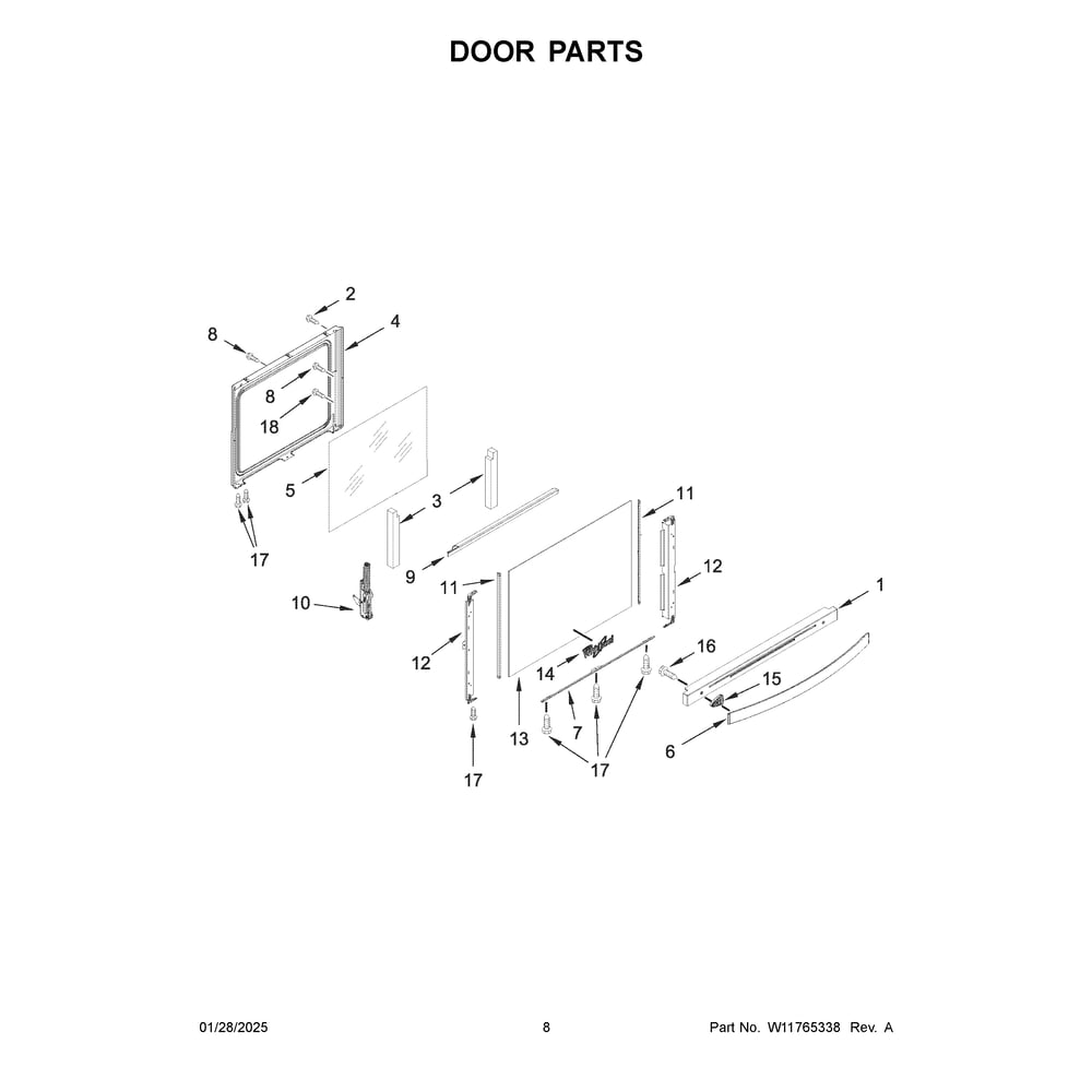 Door Parts Diagram and Parts List for WEG750H0HB7  Whirlpool Range