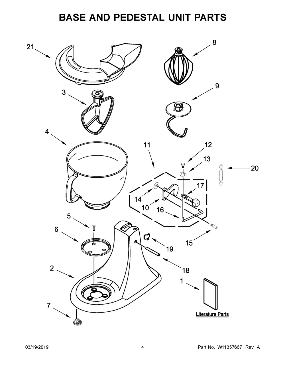 Base And Pedestal Unit Parts Diagram and Parts List for 5KSM180HESD4  Whirlpool Mixer