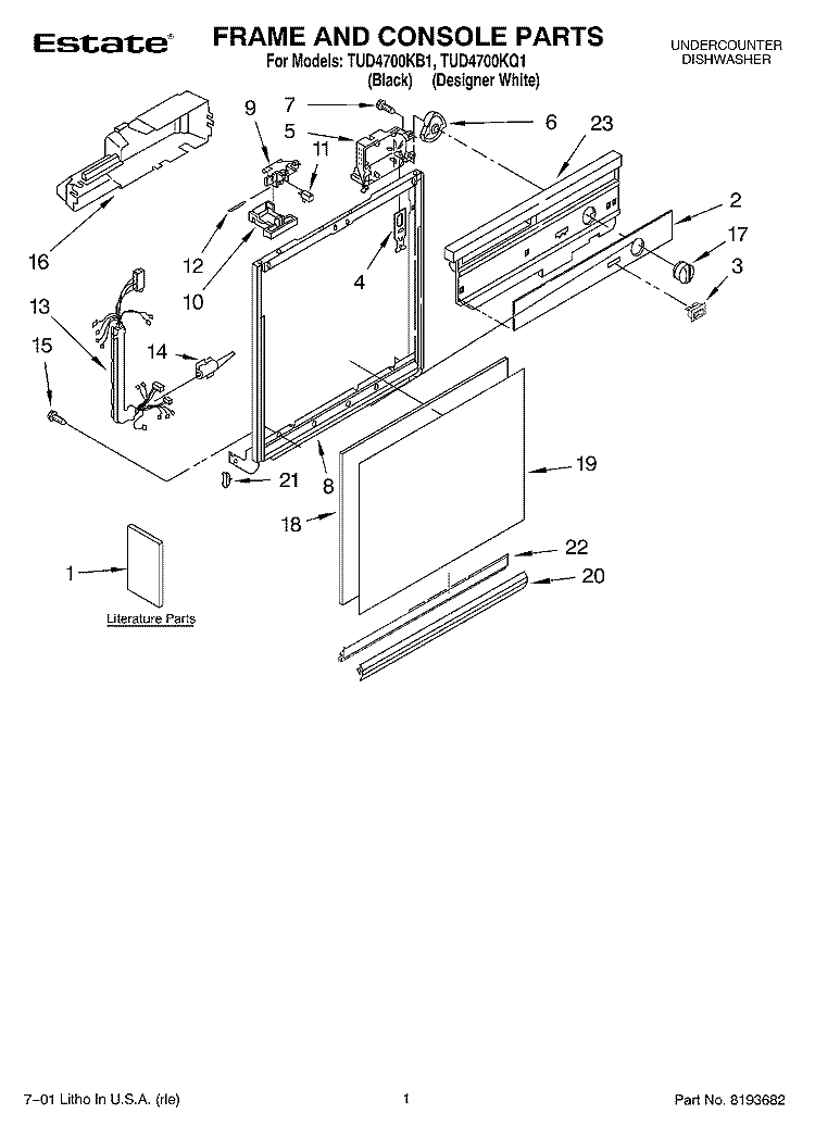 FRAME & CONSOLE, LITERATURE Diagram and Parts List for TUD4700KB1  Estate Dishwasher