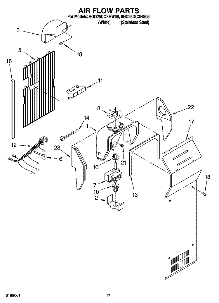 AIR FLOW PARTS Diagram and Parts List for 6GD25DCXHS06  Whirlpool Refrigerator