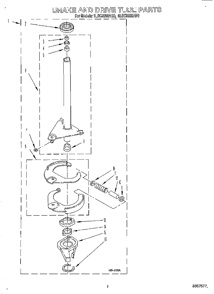 BRAKE AND DRIVE TUBE Diagram and Parts List for 6LSC9255AQ0  Whirlpool Washer