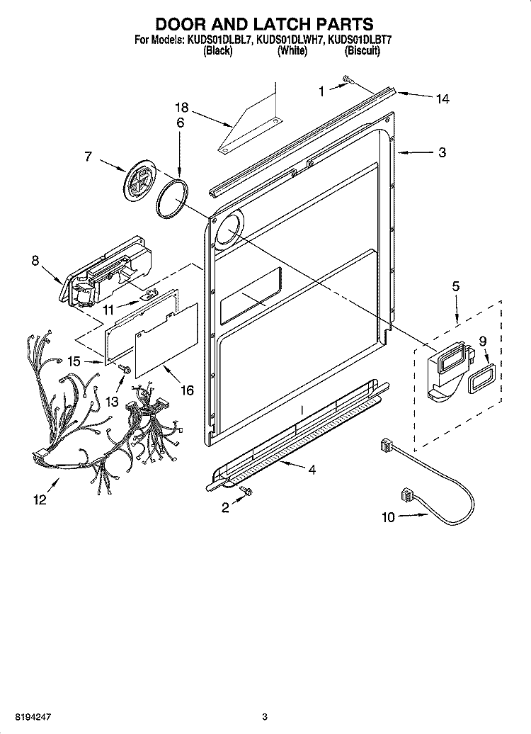 DOOR AND LATCH PARTS Diagram and Parts List for KUDS01DLWH7  KitchenAid Dishwasher