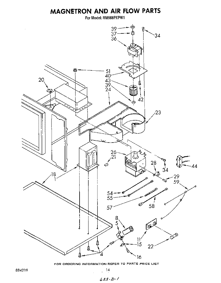 MAGNETRON AND AIR FLOW Diagram and Parts List for RM988PXPW1  Whirlpool Microwave Oven Combo