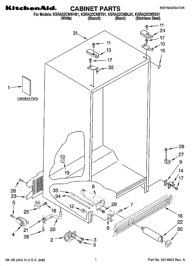 CABINET PARTS Diagram and Parts List for KSRA22CNBT01  KitchenAid Refrigerator
