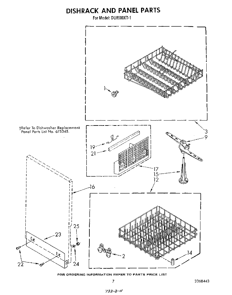 DISHRACK AND PANEL Diagram and Parts List for DU8500XT1  Whirlpool Dishwasher