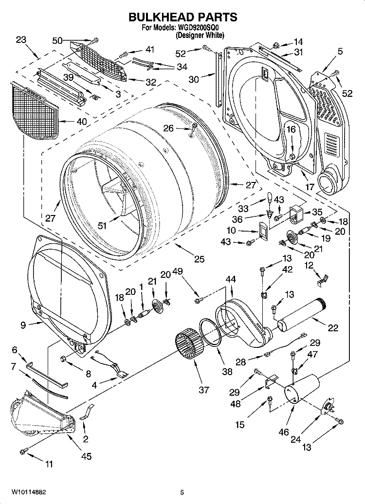 BULKHEAD PARTS Diagram and Parts List for WGD9200SQ0  Whirlpool Dryer