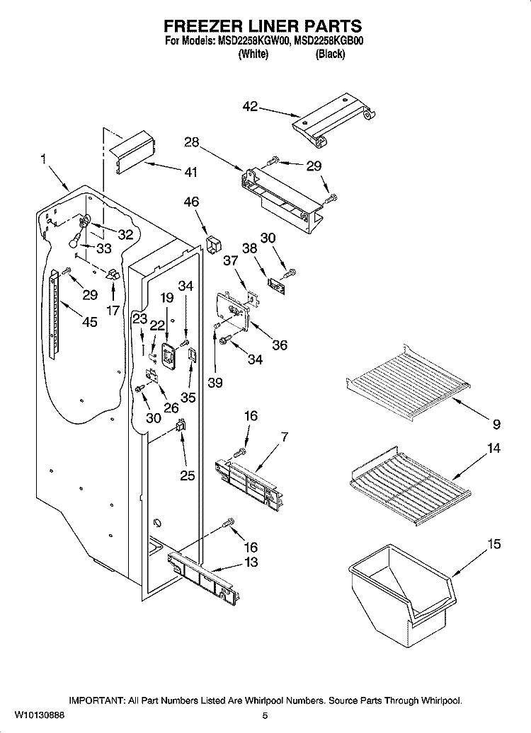 FREEZER LINER PARTS Diagram and Parts List for MSD2258KGW00  Whirlpool Refrigerator