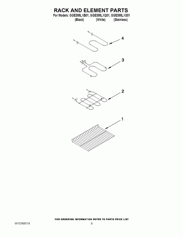 RACK AND ELEMENT PARTS Diagram and Parts List for GGE388LXQ01  Whirlpool Range