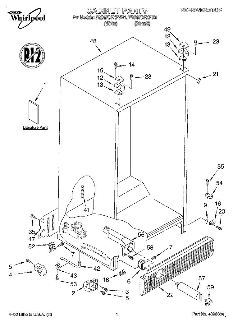 CABINET, LITERATURE Diagram and Parts List for 7GD27DFXFT01  Whirlpool Refrigerator