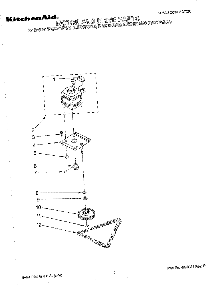 MOTOR AND DRIVE, LITERATURE Diagram and Parts List for KUCC151EBT0  KitchenAid Trash Compactor