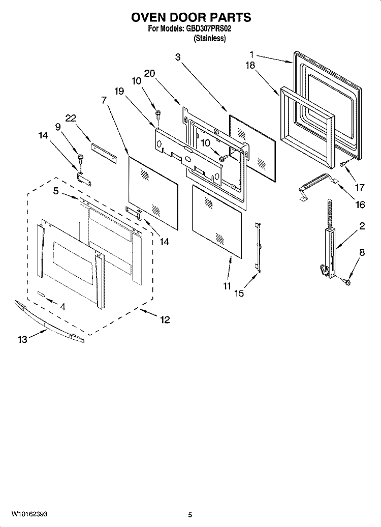 OVEN DOOR PARTS Diagram and Parts List for GBD307PRS02  Whirlpool Wall Oven