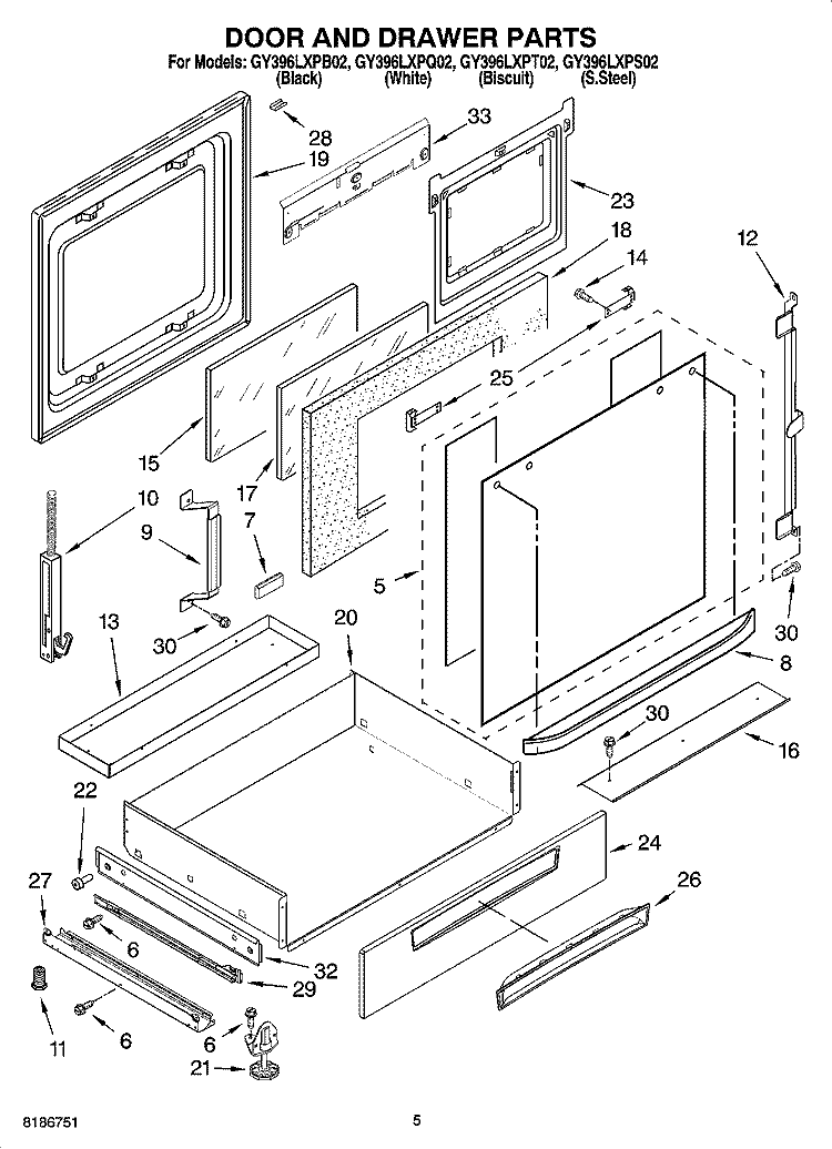 DOOR AND DRAWER PARTS Diagram and Parts List for GY396LXPB02  Whirlpool Range