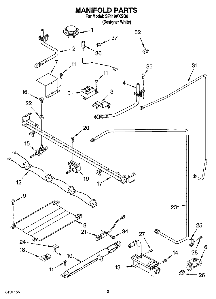 MANIFOLD PARTS Diagram and Parts List for SF110AXSQ0  Whirlpool Range