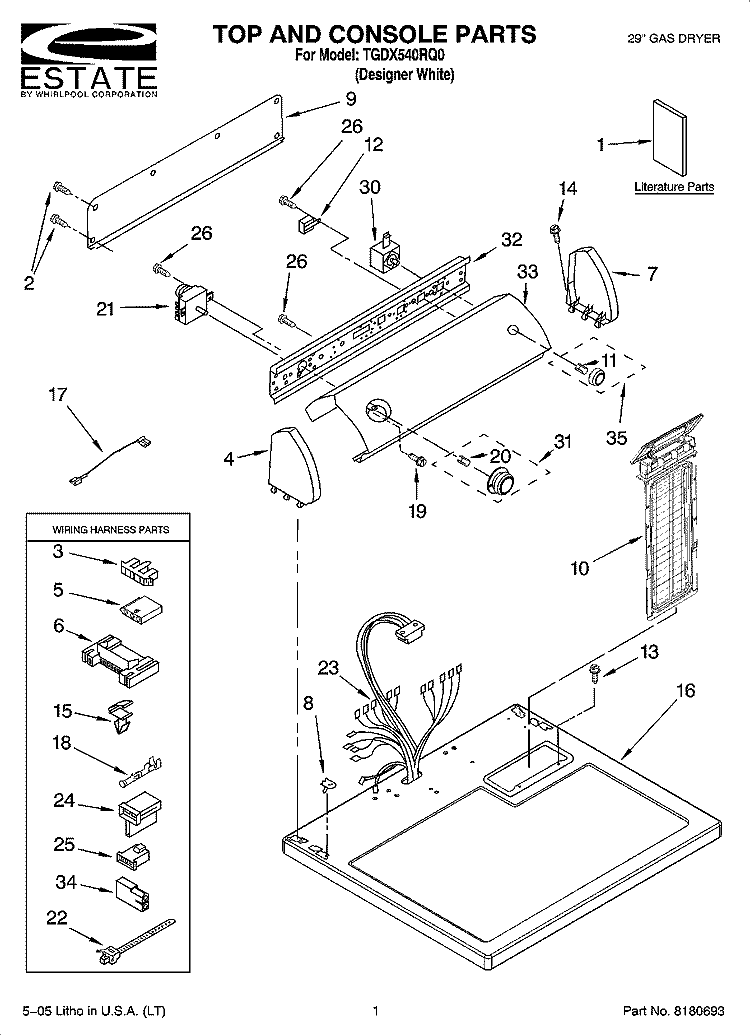 TOP AND CONSOLE PARTS Diagram and Parts List for TGDX540RQ0  Estate Dryer