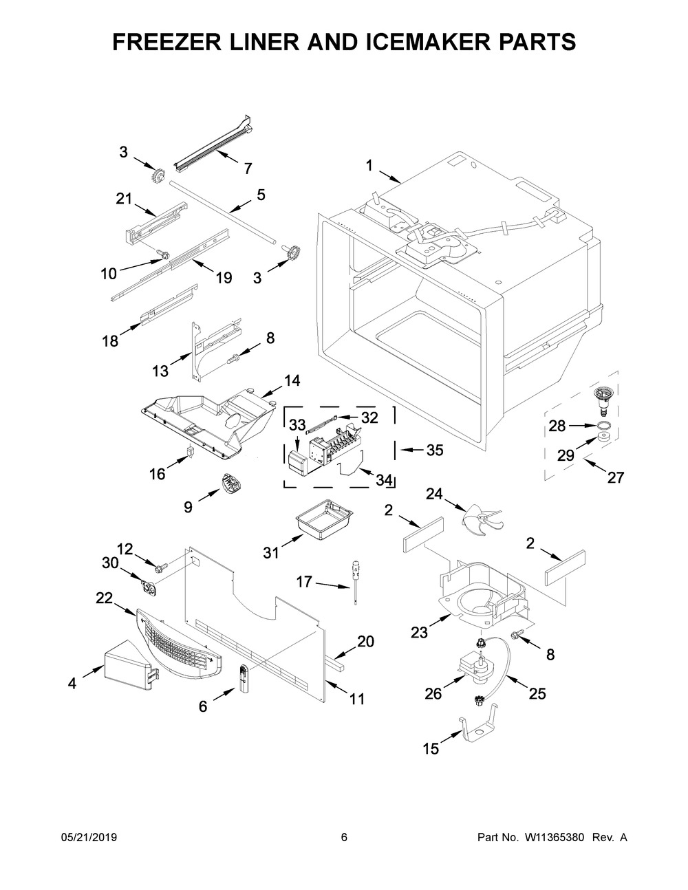 Freezer Liner And Icemaker Parts Diagram and Parts List for WRB322DMBB01  Whirlpool Refrigerator