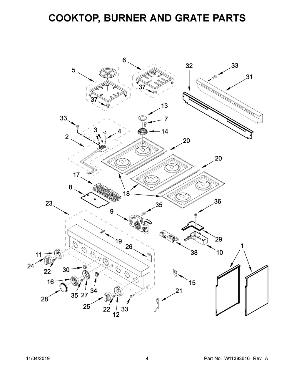 Cooktop, Burner And Grate Parts Diagram and Parts List for KFGC506JSS00  Whirlpool Range