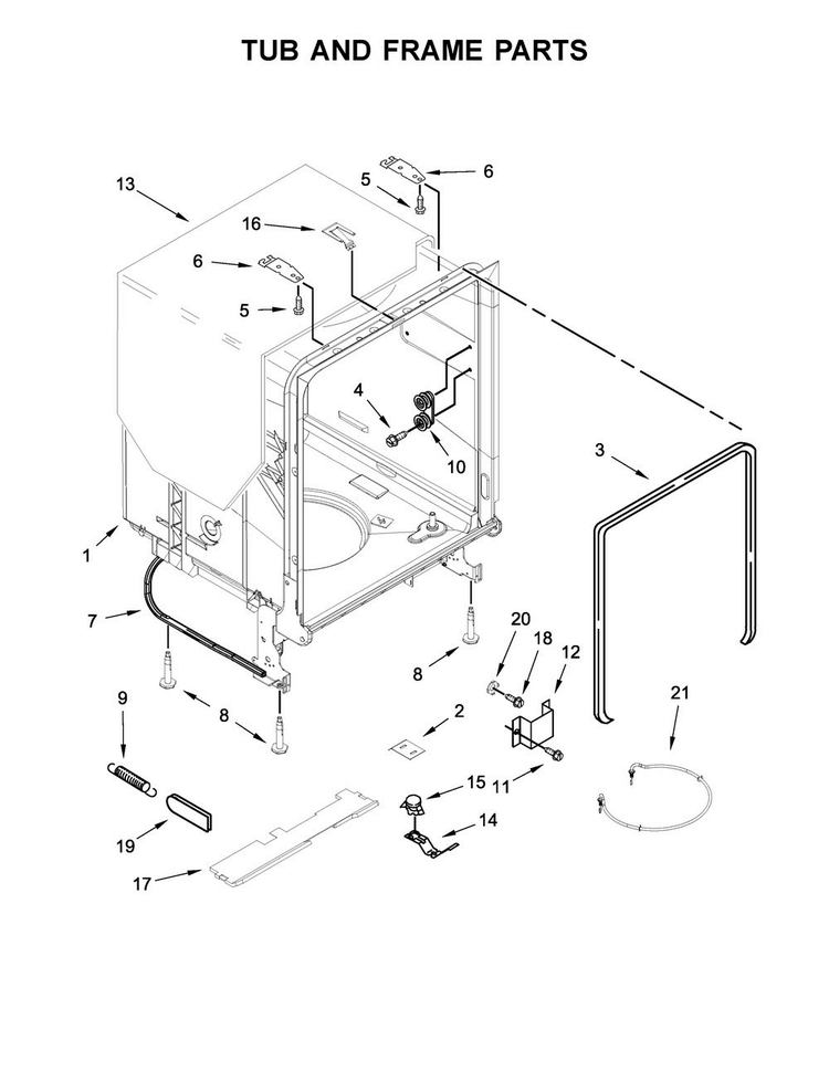 Tub And Frame Parts Diagram and Parts List for WDF545PAFM0  Whirlpool Dishwasher
