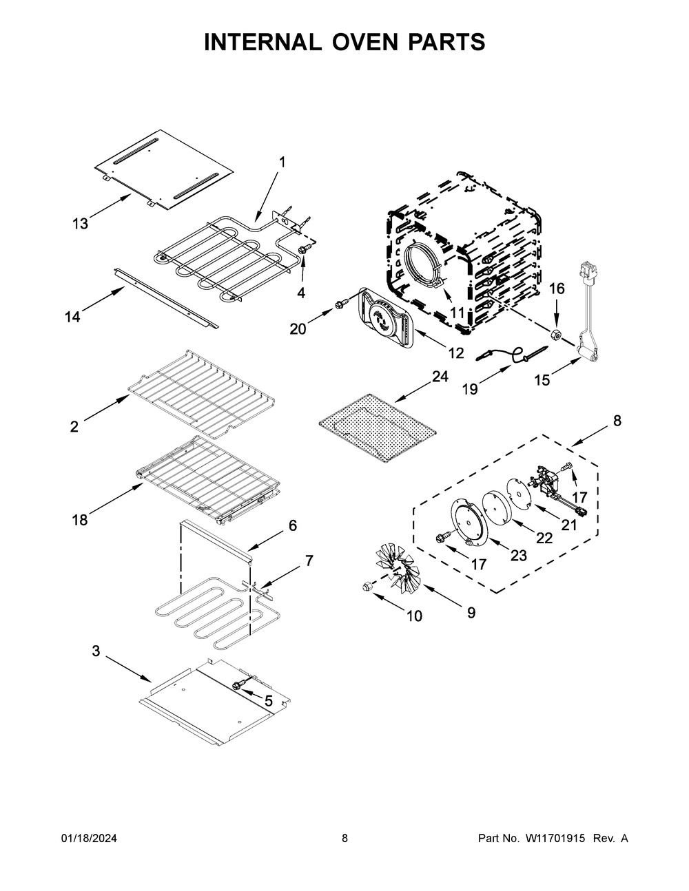 Internal Oven Parts Diagram and Parts List for KOES527PSS00  KitchenAid Wall Oven