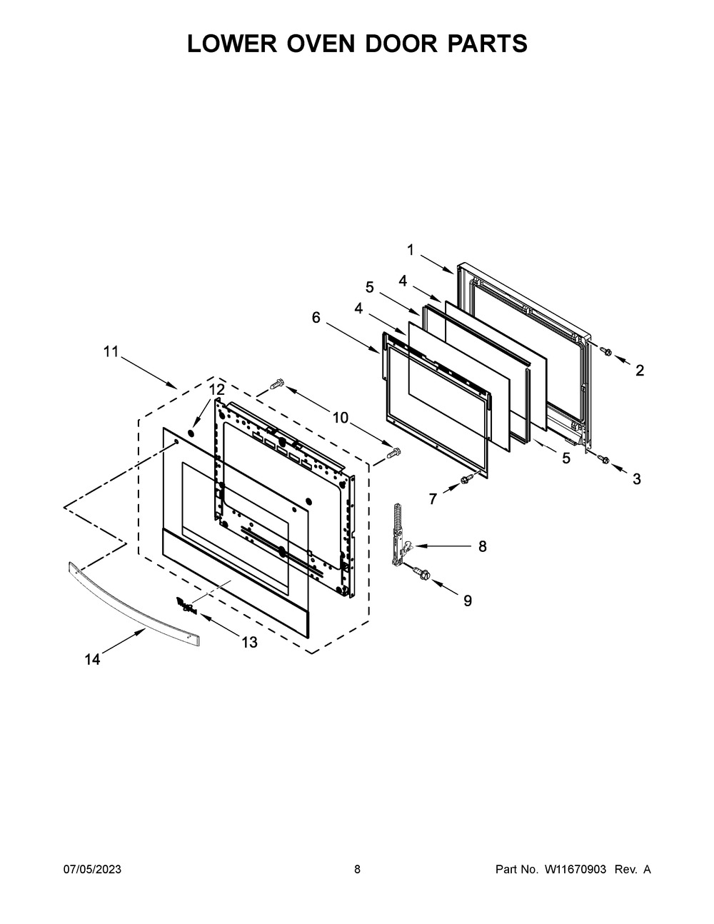 Lower Oven Door Parts Diagram and Parts List for WOED7030PV00  Whirlpool Wall Oven