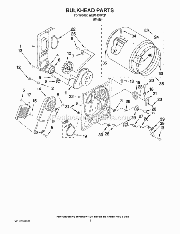 BULKHEAD PARTS Diagram and Parts List for WED5100VQ1  Whirlpool Dryer
