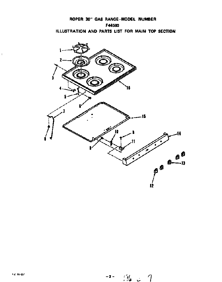 Main Top Diagram and Parts List for F4458*0  Roper Range