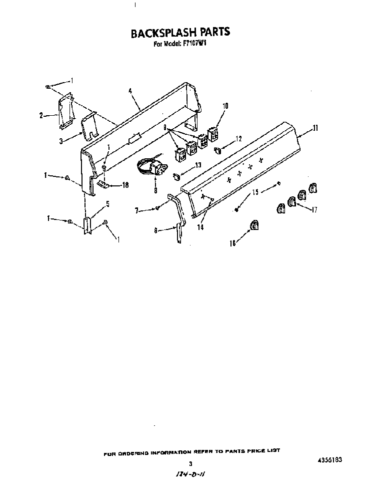 Backsplash Diagram and Parts List for F7107*1  Roper Range