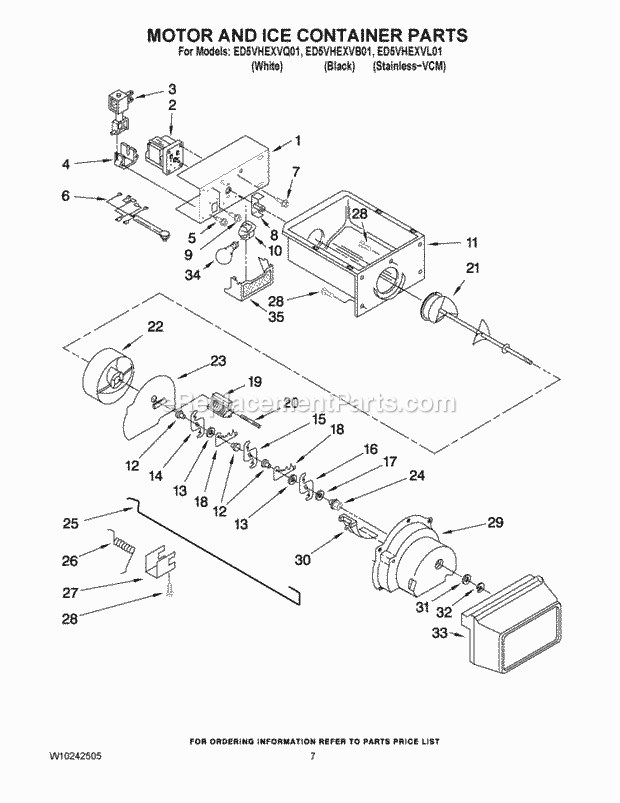 MOTOR AND ICE CONTAINER PARTS Diagram and Parts List for ED5VHEXVB01  Whirlpool Refrigerator