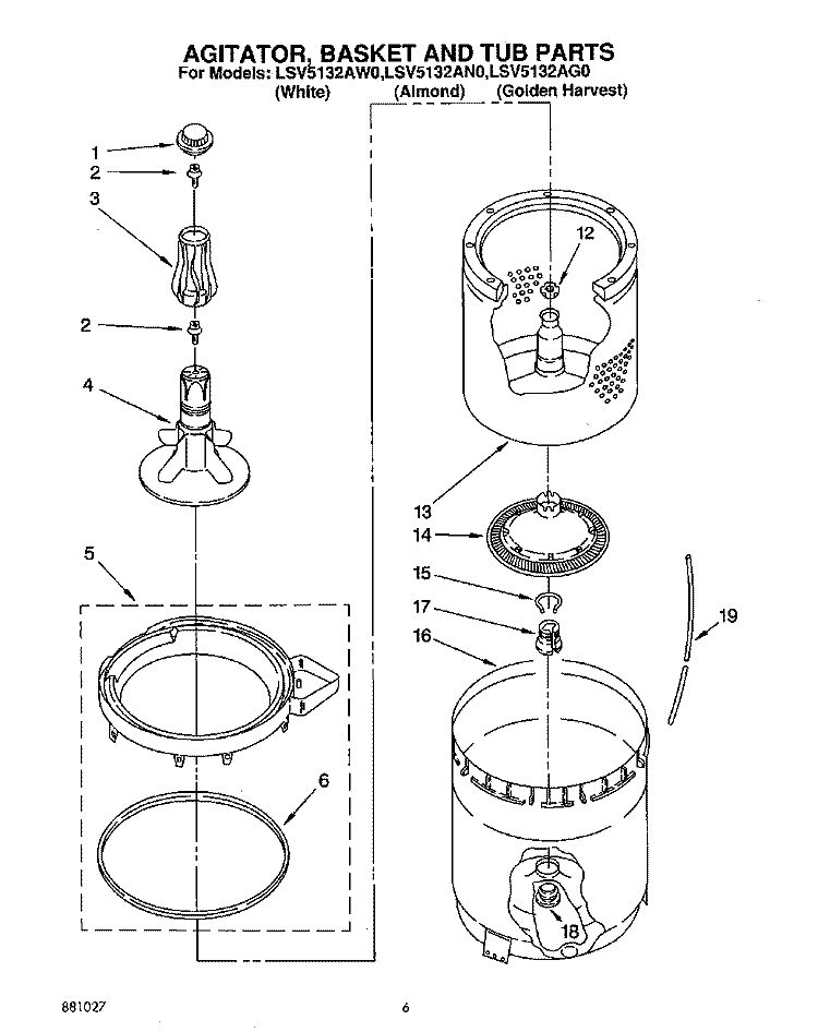 AGITATOR, BASKET AND TUB Diagram and Parts List for LSV5132AN0  Whirlpool Washer