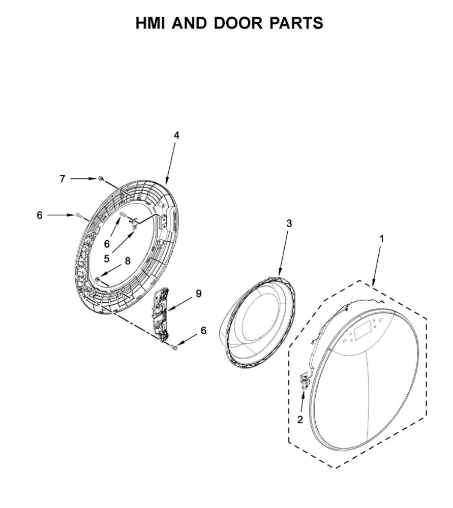 Hmi And Door Parts Diagram and Parts List for WFW9620HW0  Whirlpool Washer