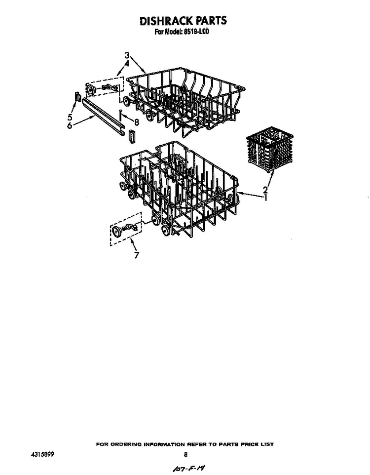 Dishrack Diagram and Parts List for 8519L00  Roper Dishwasher