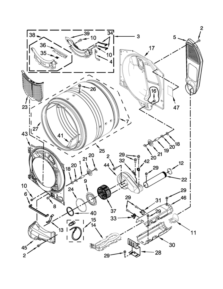 Bulkhead Parts Diagram and Parts List for WED71HEDW1  Whirlpool Dryer
