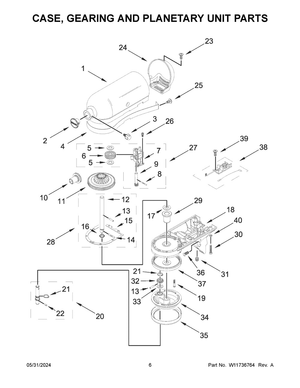 Case, Gearing And Planetary Unit Parts Diagram and Parts List for 5KSM175PSSCA5  KitchenAid Mixer