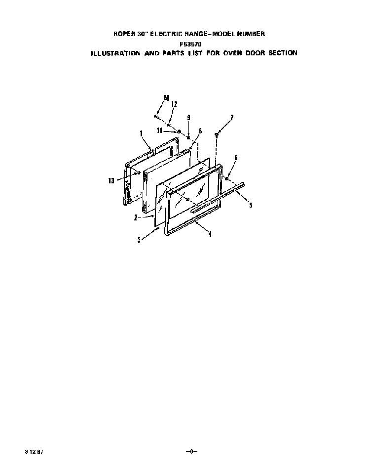 Oven Door Diagram and Parts List for F5357*0  Roper Range