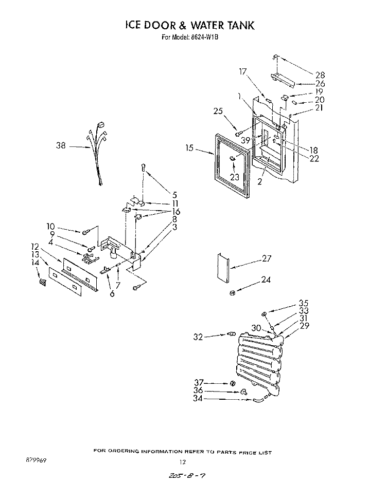 ICE DOOR AND WATER TANK Diagram and Parts List for 8624W1B  Roper Refrigerator