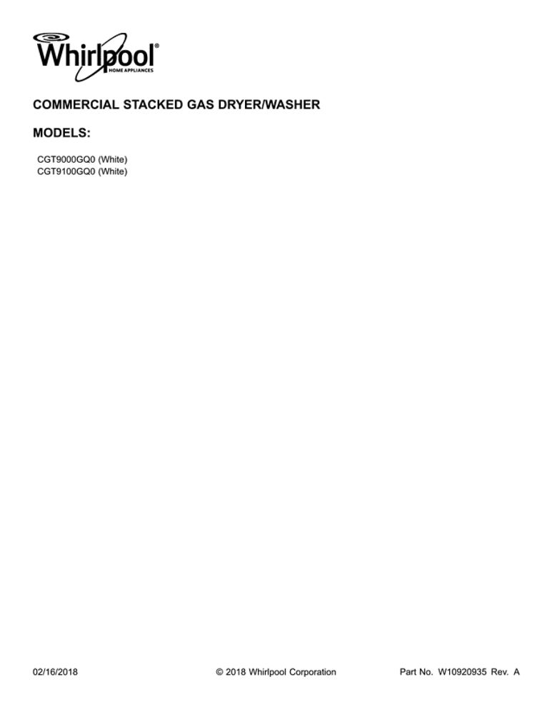 Cover Sheet Diagram and Parts List for CGT9100GQ0  Whirlpool Washer Dryer Combo