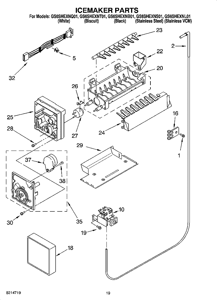 ICEMAKER PARTS, OPTIONAL PARTS Diagram and Parts List for GS6SHEXNL01  Whirlpool Refrigerator