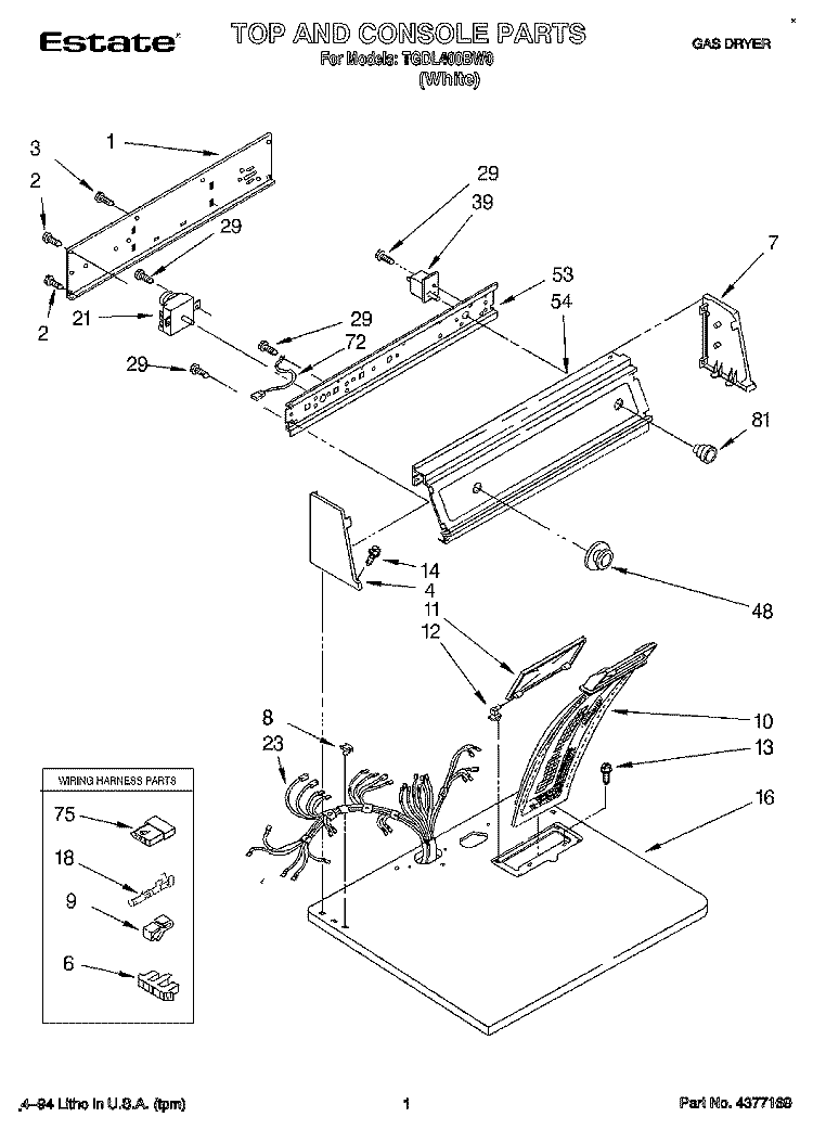 TOP AND CONSOLE, LIT/OPTIONAL Diagram and Parts List for TGDL400BW0  Whirlpool Dryer