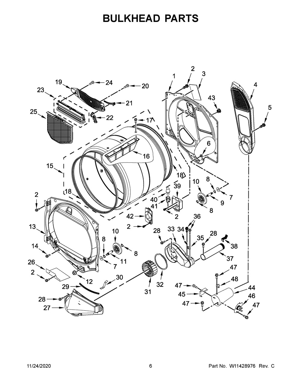 Bulkhead Parts Diagram and Parts List for WGD6120HC0  Whirlpool Dryer