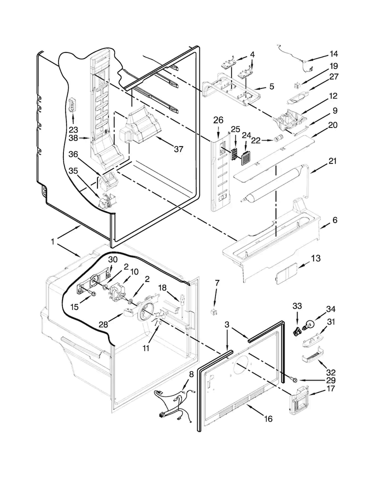 Liner Parts Diagram and Parts List for WRF560SEYW02  Whirlpool Refrigerator