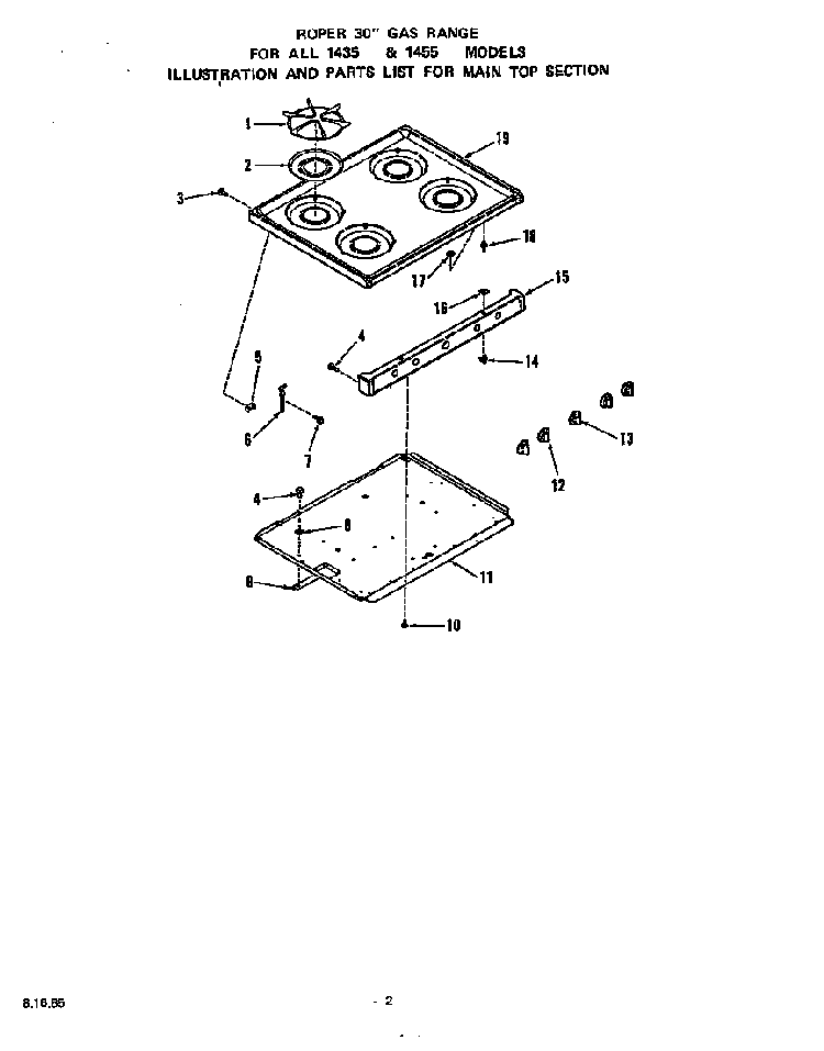Main Top Diagram and Parts List for 1435*0A  Roper Range