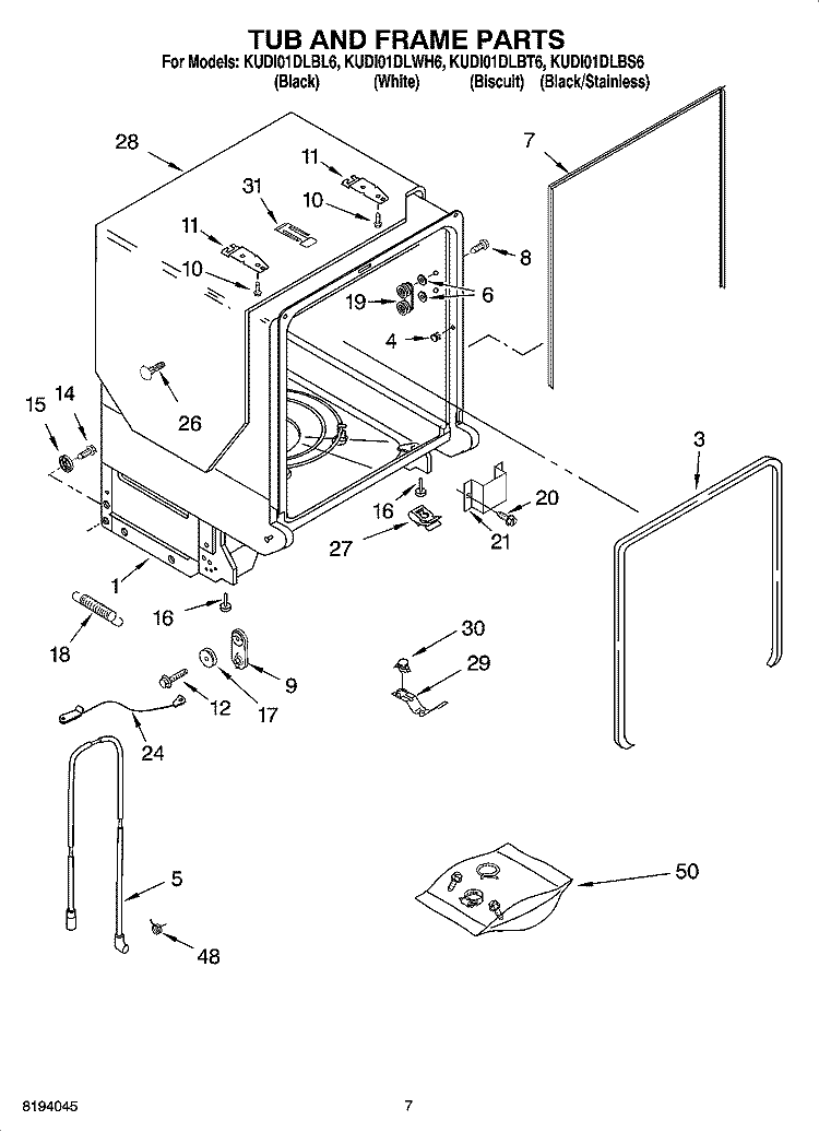 TUB AND FRAME PARTS Diagram and Parts List for KUDI01DLBS6  KitchenAid Dishwasher
