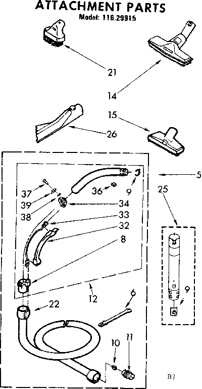 Attachment parts Diagram and Parts List for 11629915900-1980  Whirlpool Canister Vacuum