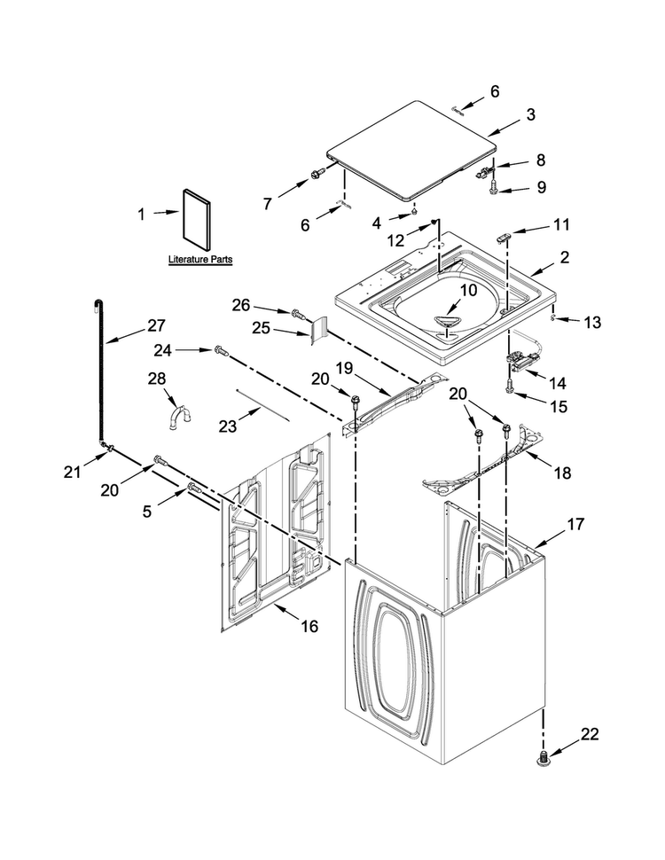 Top And Cabinet Parts Diagram and Parts List for 7MWTW4915EW0  Whirlpool Washer