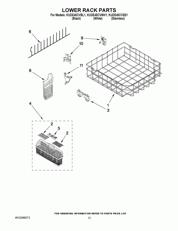 LOWER RACK PARTS Diagram and Parts List for KUDE45CVSS1  KitchenAid Dishwasher