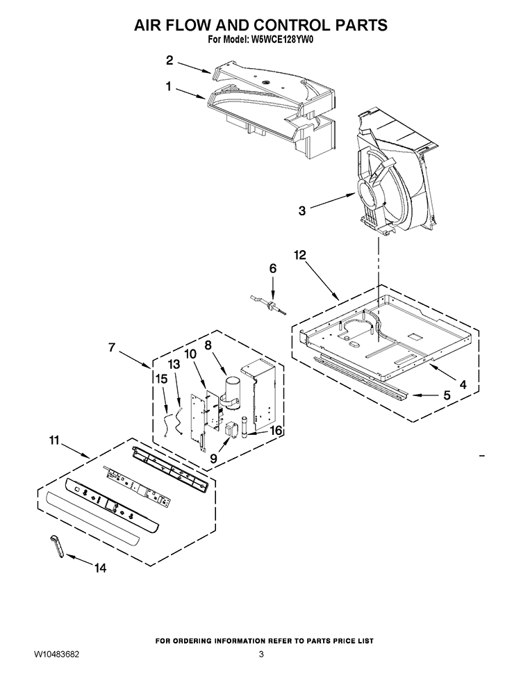 AIR FLOW AND CONTROL PARTS Diagram and Parts List for W5WCE128YW0  Whirlpool Air Conditioner