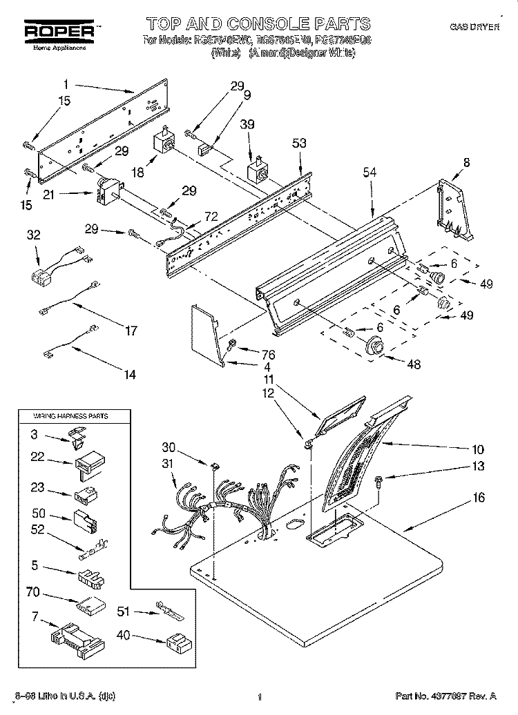 TOP AND CONSOLE, LIT/OPTIONAL Diagram and Parts List for RGS7648EQ0  Roper Dryer
